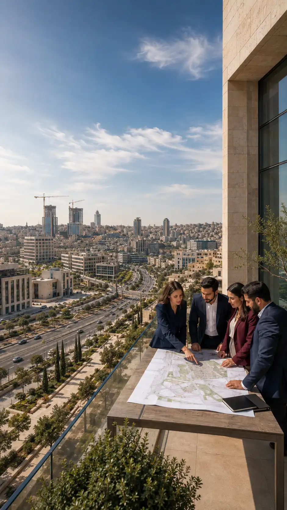 Amman Vision team reviewing development plans overlooking Amman